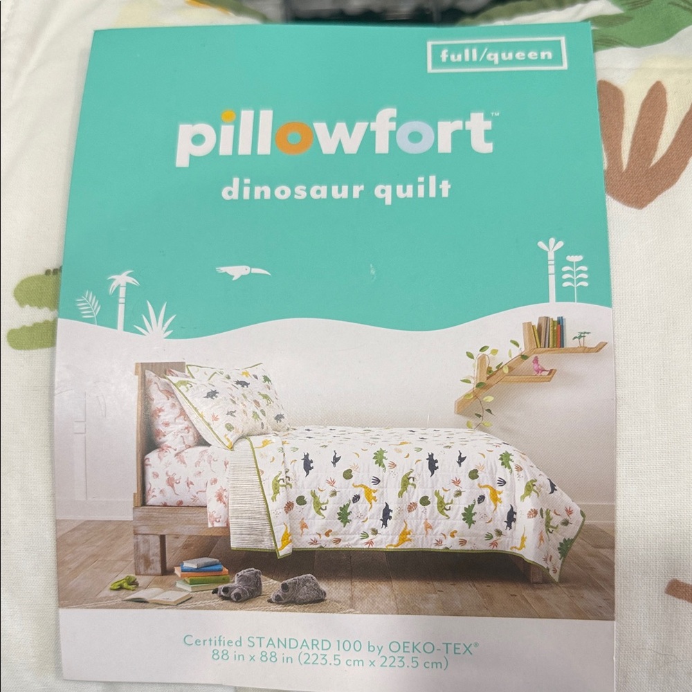 Pillowfort Dinosaur and Leaf Print Quilt - White, Green, and Blue - Picture 7 of 7